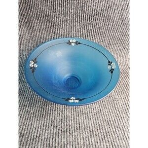 Vintage Tiffin Glass Blue Satin  W Hand Painted Flowers Bowl - 10" W x 3 3/8" H